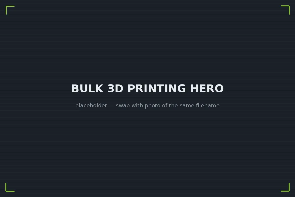 Hundreds of identical 3D printed production parts arranged in rows for quality inspection