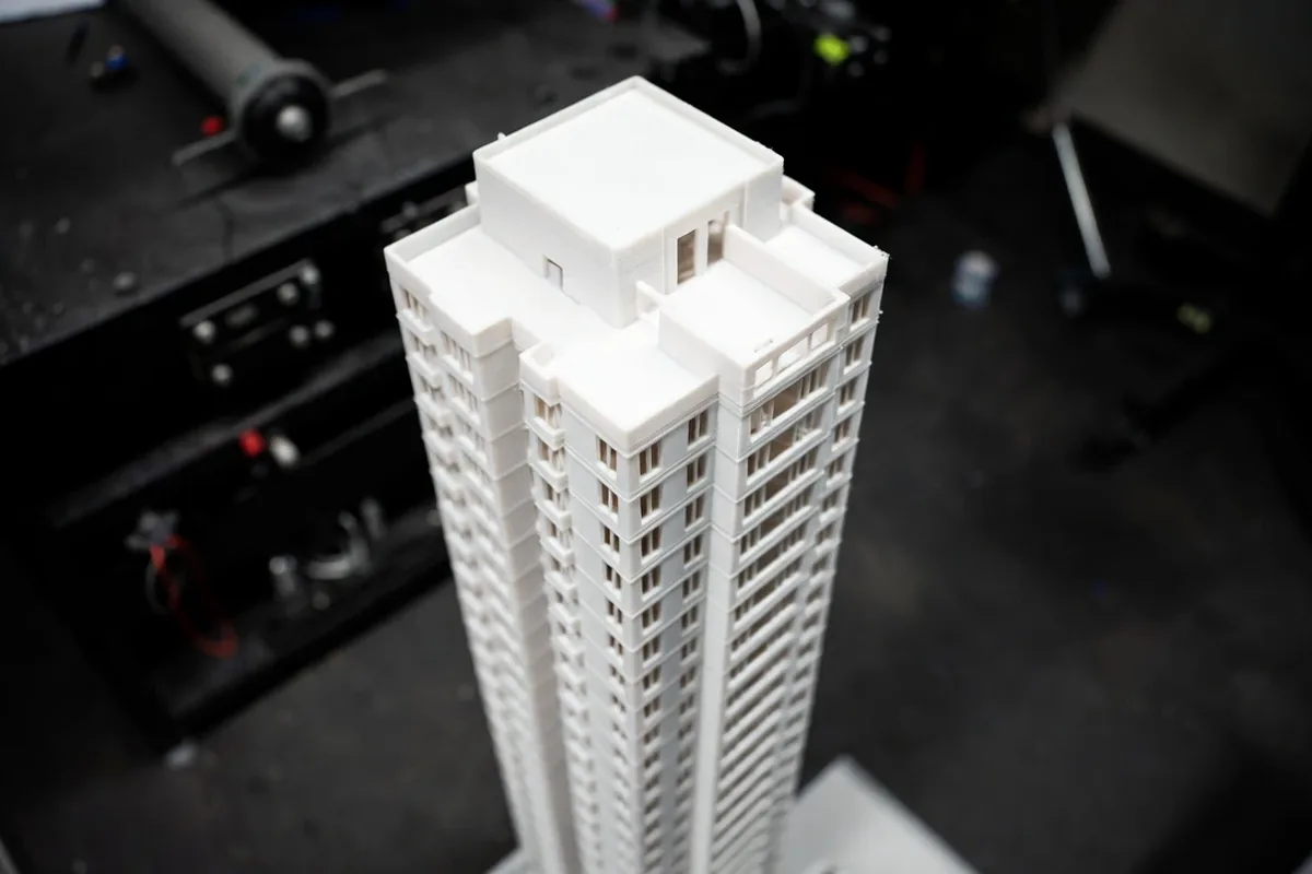 White architectural tower model printed in resin