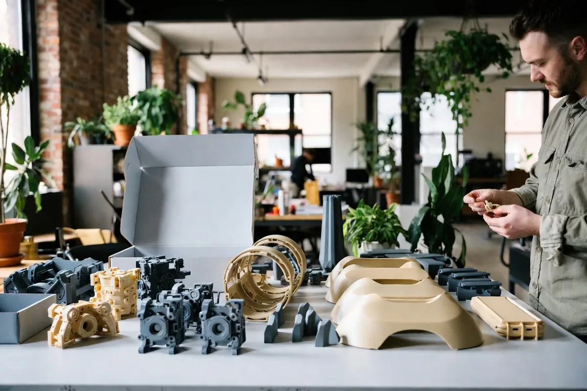 Designer in a Brooklyn studio unboxing a batch of professionally 3D printed parts