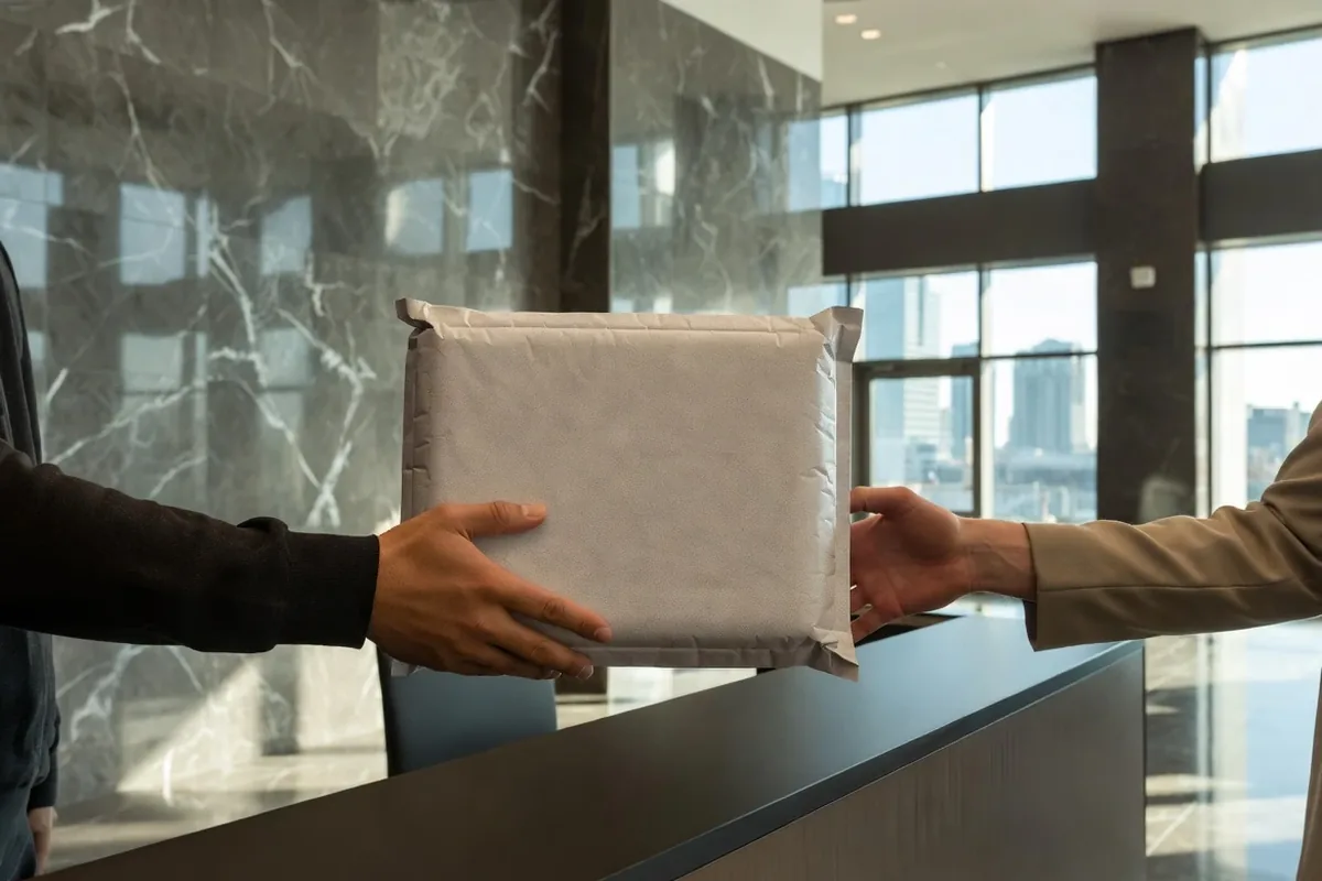 Messenger bag with a protected 3D printed prototype heading into a Midtown Manhattan office lobby