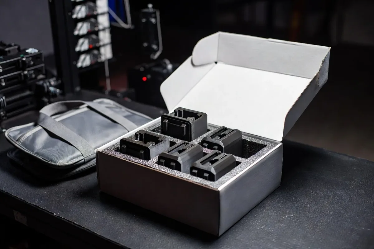 Finished 3D printed parts being packed for local New Jersey courier delivery at the Newark facility