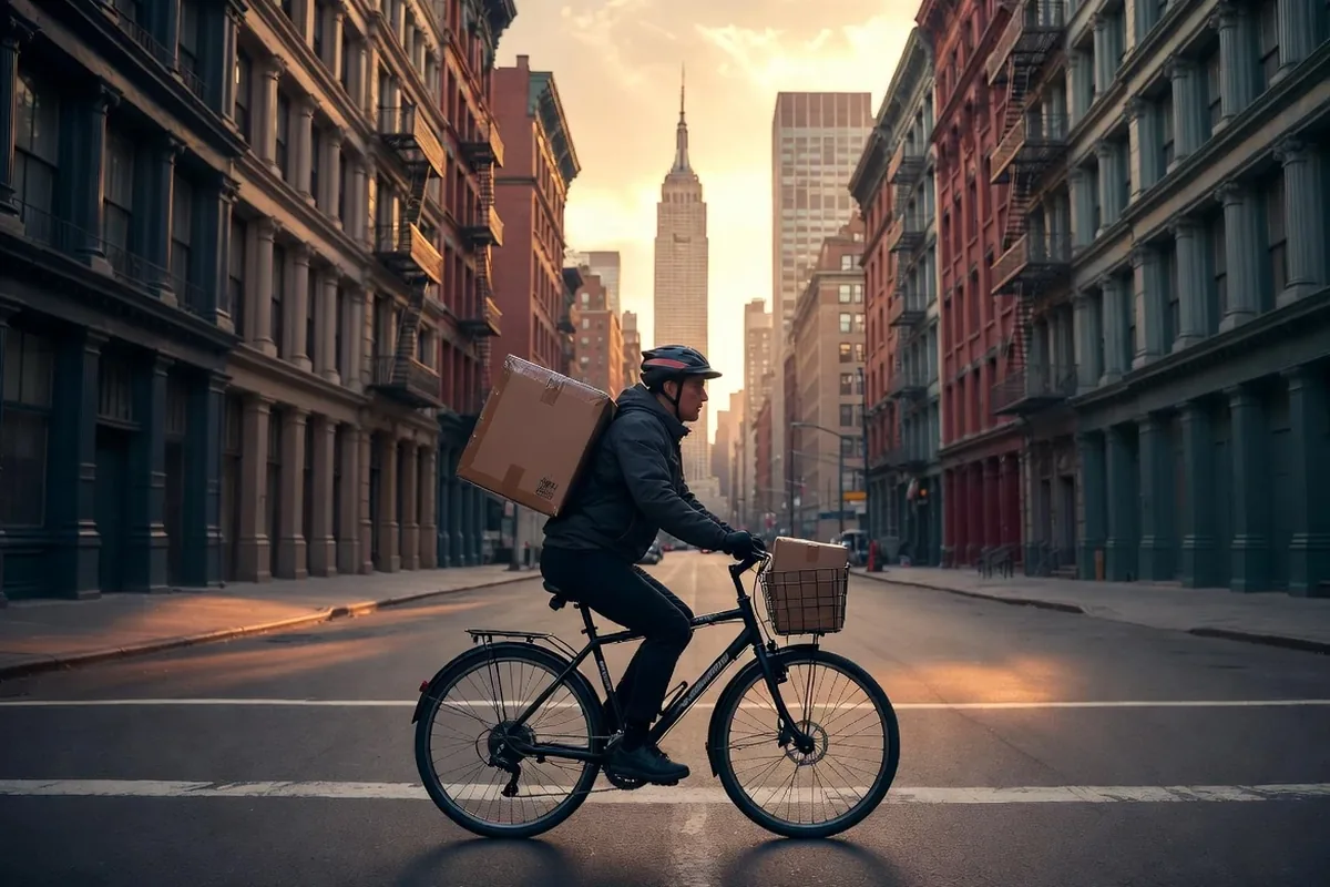 Courier delivering a 3D printed part package against the Manhattan skyline