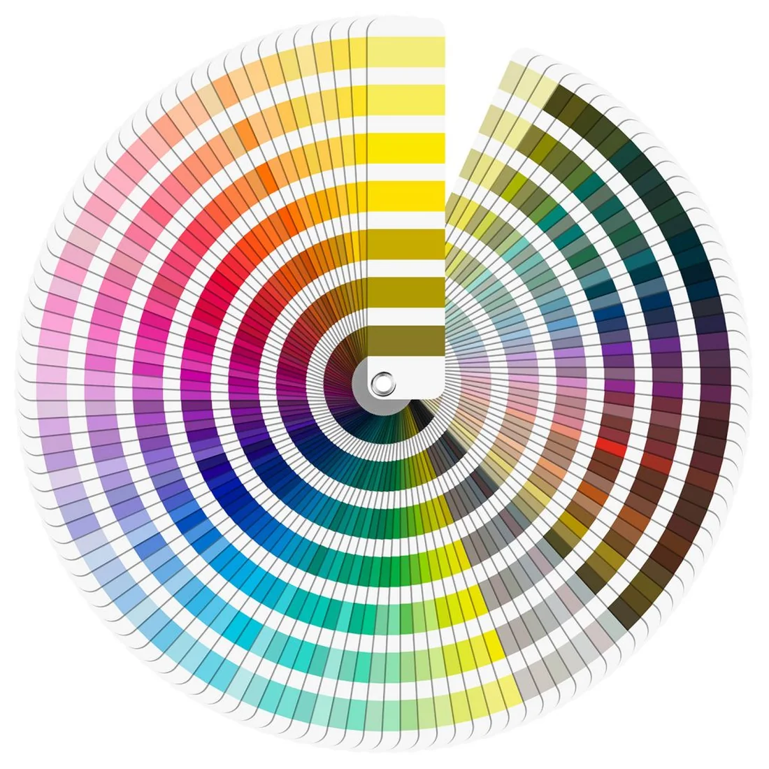 Pantone color guide fanned into a complete circle of coated swatches